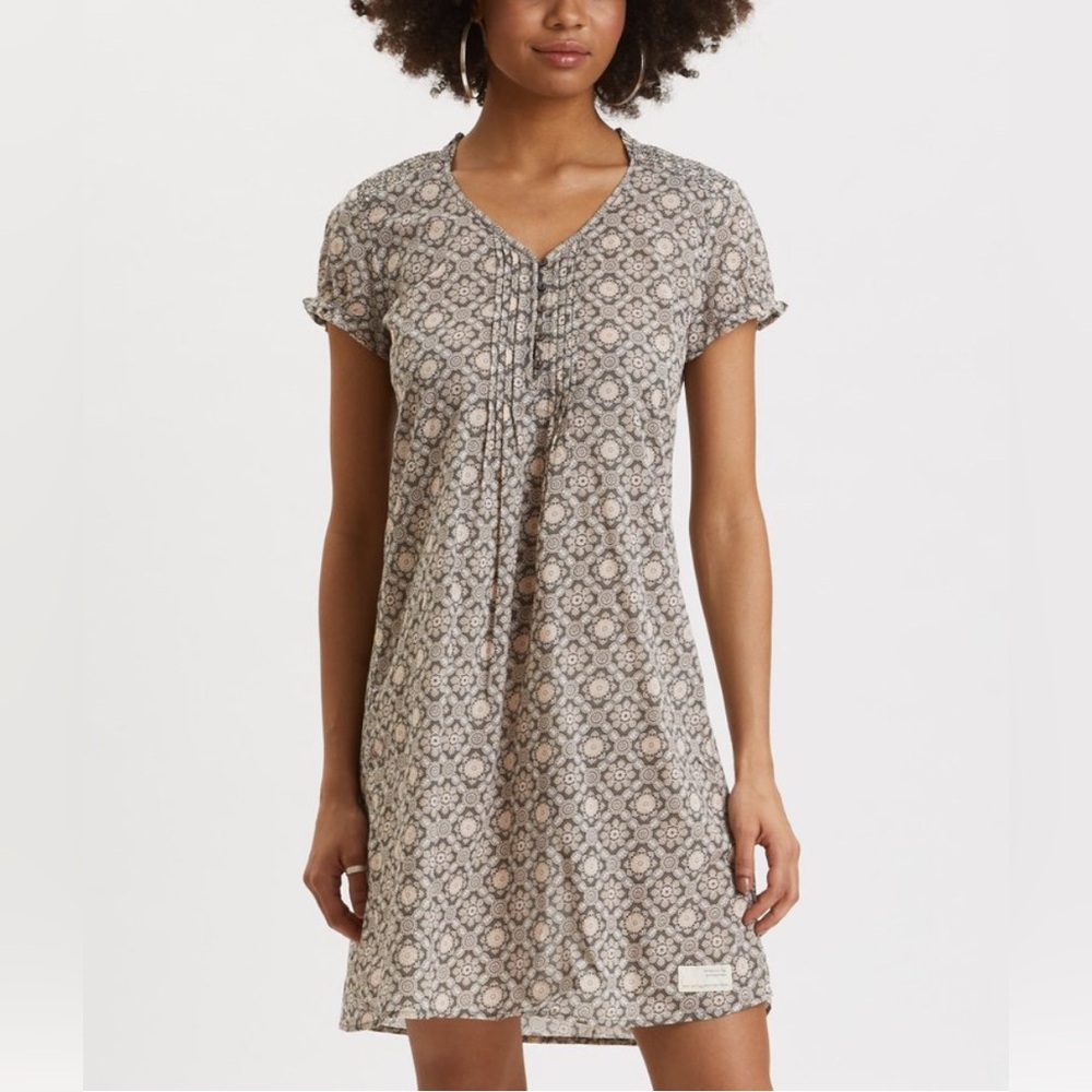 Odd Molly Cotton Cottage Dress NWOT Gray Pink Light with Smocking & Ruffles L